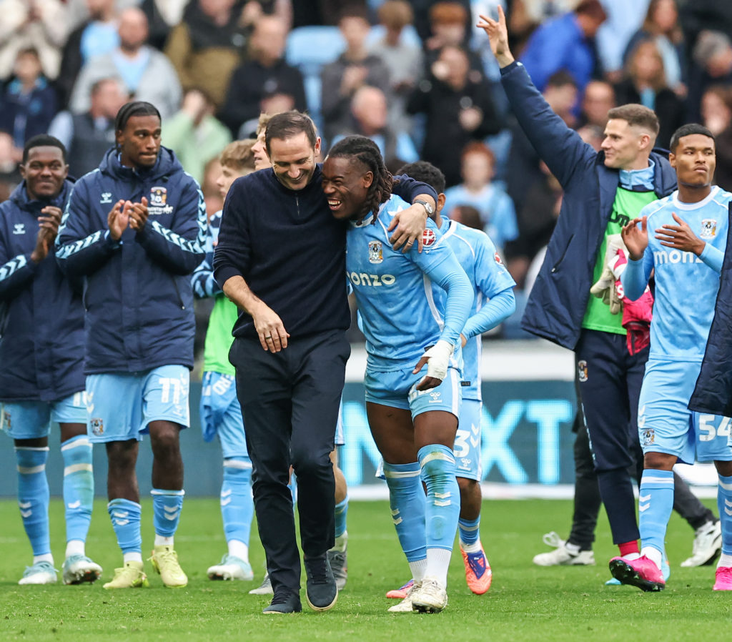 Coventry City manager Frank Lampard enjoys a laugh with Brandon Thomas-Asante