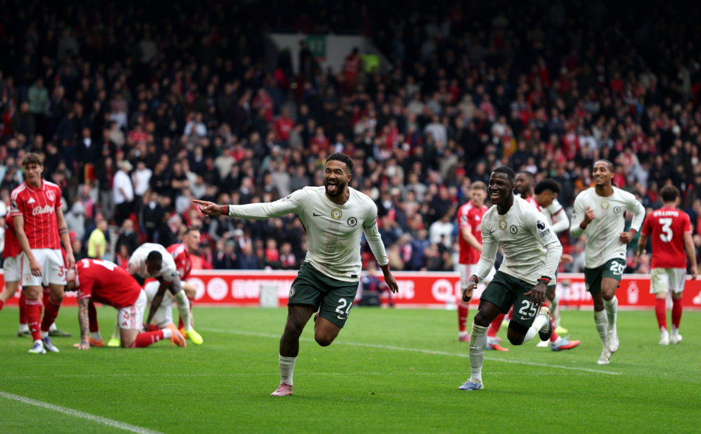 Reece James celebrates scoring for Chelsea in the Premier League victory against Nottingham Forest.