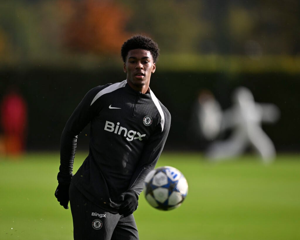 Josh Acheampong in a Chelsea open training session at Cobham.