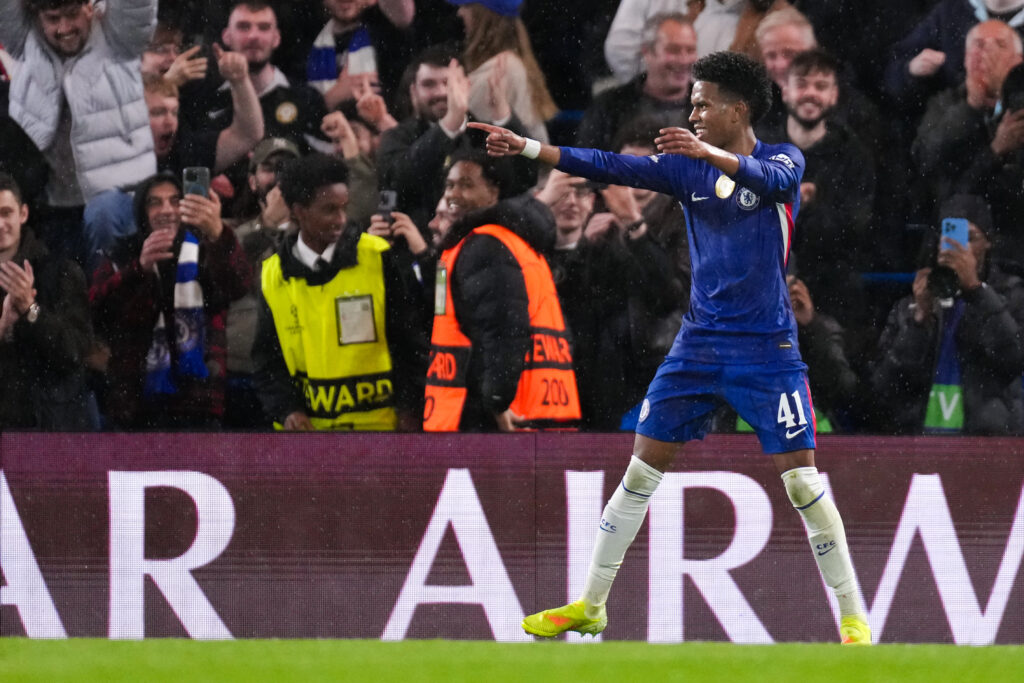 Estevao of Chelsea FC celebrates after scoring his teams fourth goal