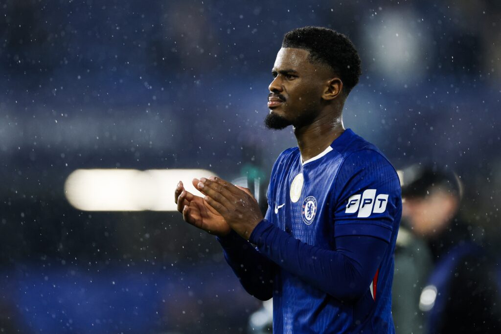 Jorrel Hato applauds the fans after Chelsea vs Ajax