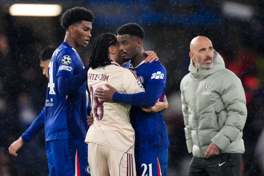 Jorrel Hato and Kian Fitz-Jim embrace after Chelsea vs Ajax