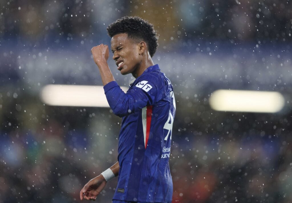 Estevao Willian celebrates scoring for Chelsea against Ajax in the Champions League.