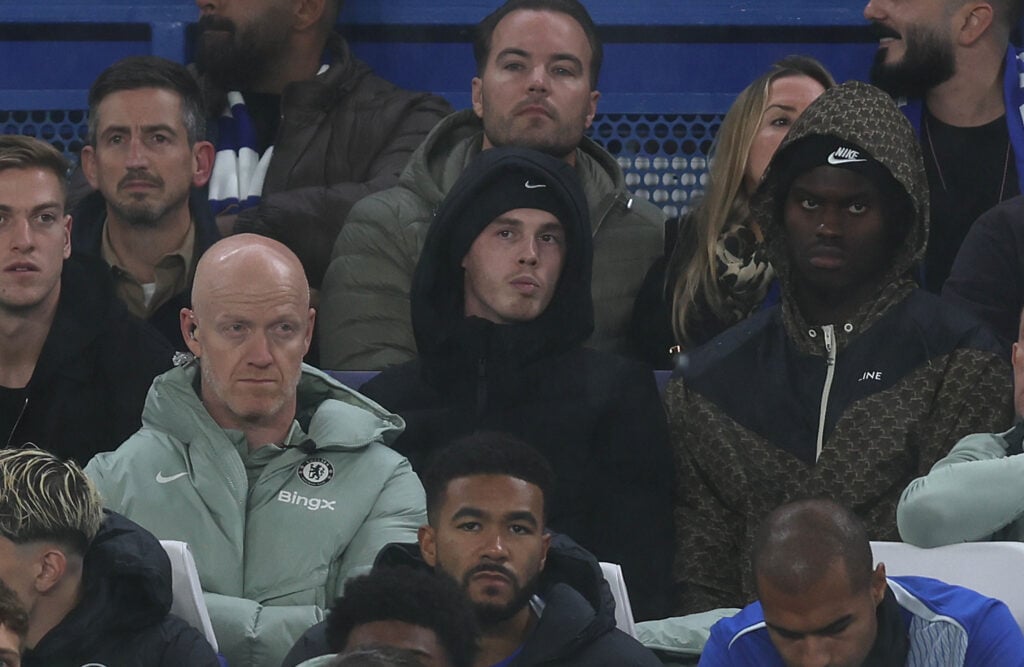 Cole Palmer and Tosin Adarabioyo look on from the stands during Chelsea vs Ajax