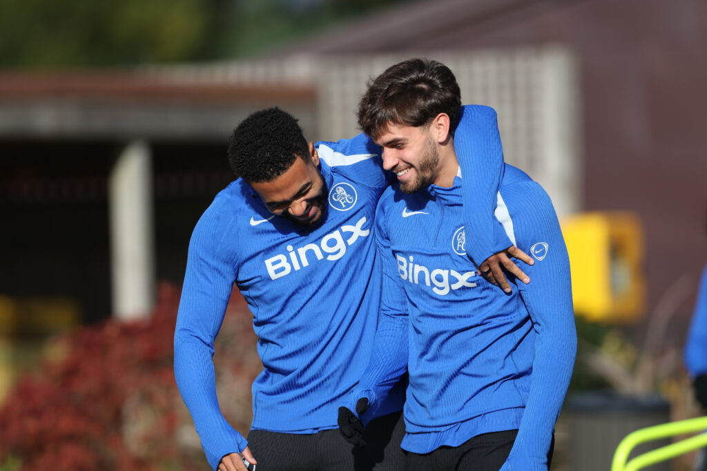 Reece James and Marc Guiu in Chelsea training at Cobham.
