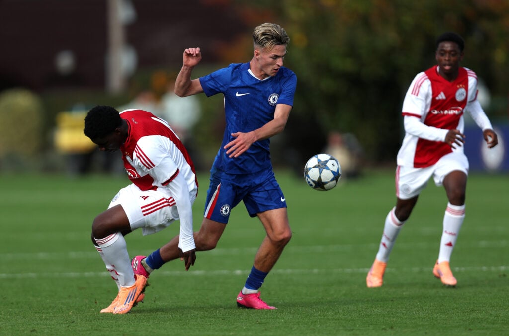 Chelsea youngster Jesse Derry dribbling against Ajax in the UEFA Youth League.