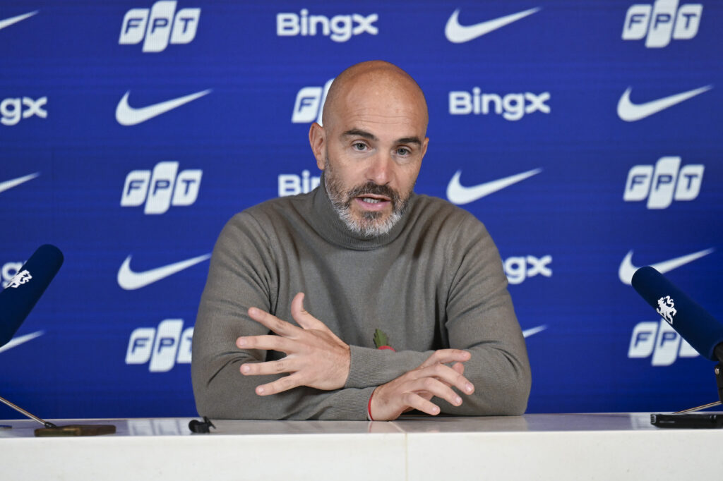Chelsea manager Enzo Maresca speaking to the media at Cobham.