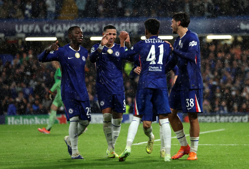 Estevao of Chelsea celebrates with teammates after scoring his team's fourth goal from the penalty-spot