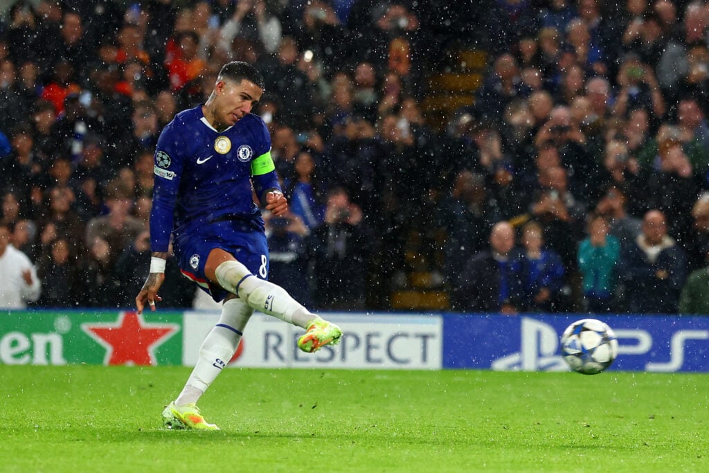 Chelsea midfielder Enzo Fernandez scores a penalty against Ajax in the Champions League.