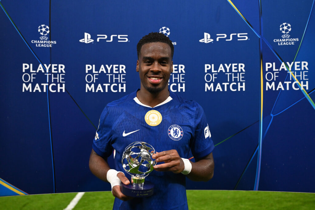 Jamie Gittens poses with Player of the Match award after Chelsea vs Ajax