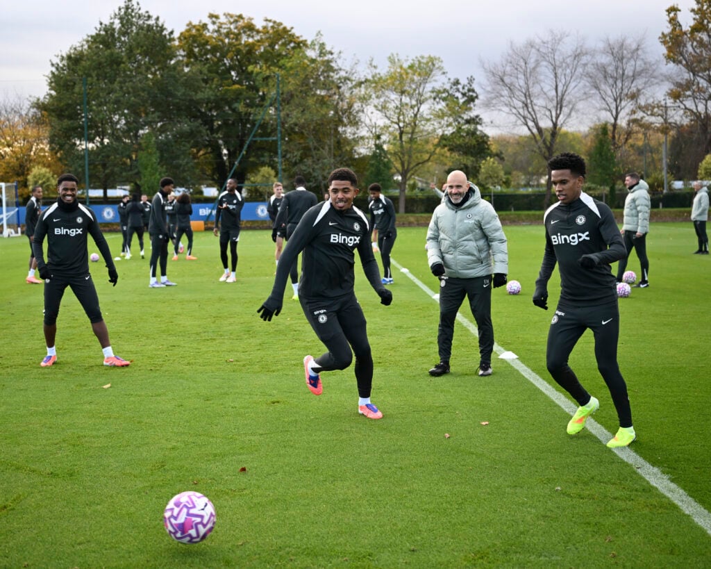 Chelsea's players watched by Enzo Maresca during a training session at Cobham.