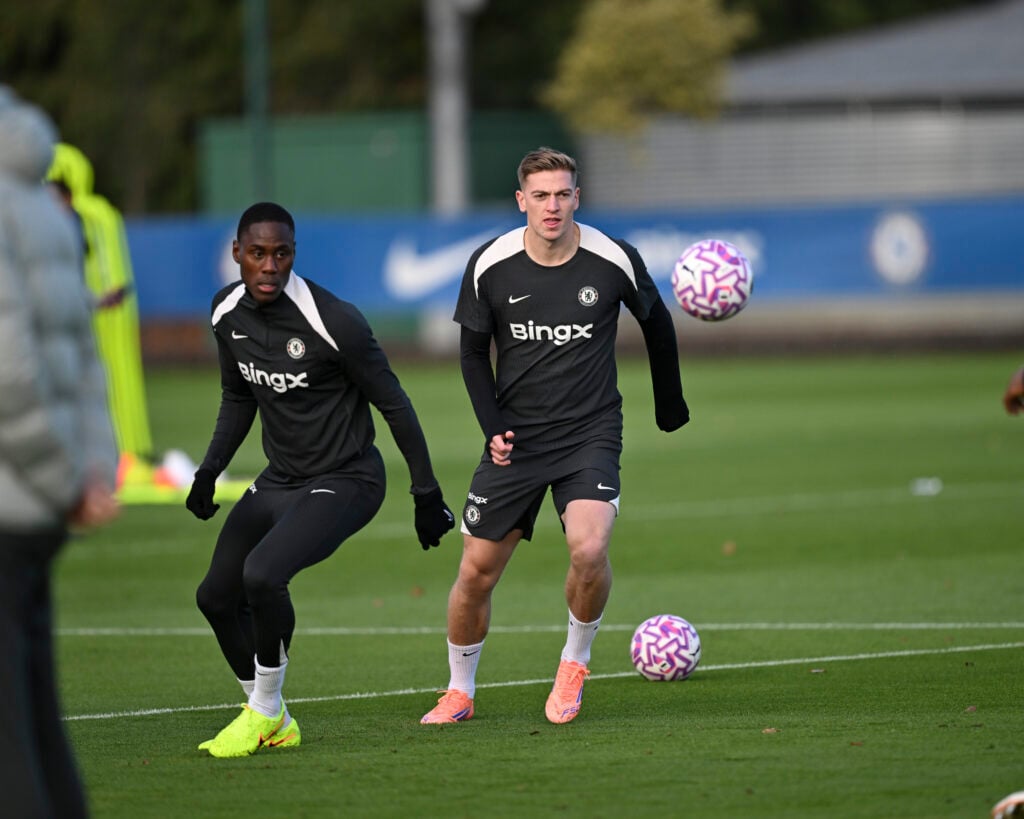 Liam Delap and Trevoh Chalobah in action during Chelsea training session