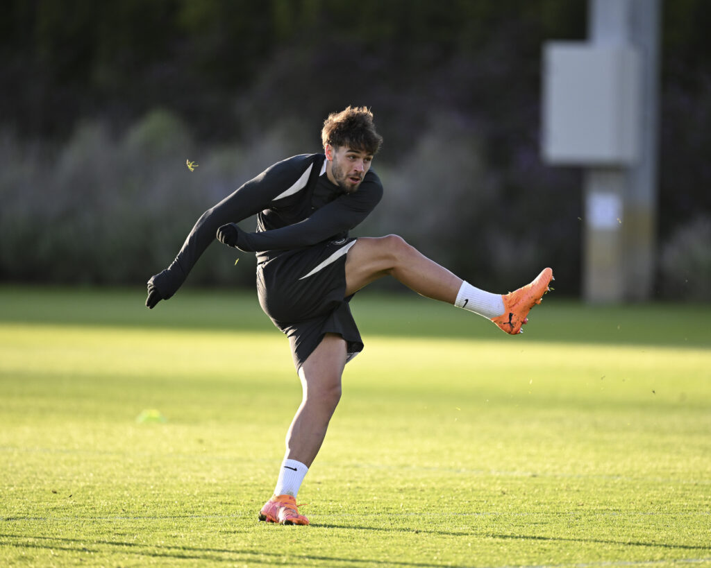 Chelsea striker Marc Guiu during a training session at Cobham.