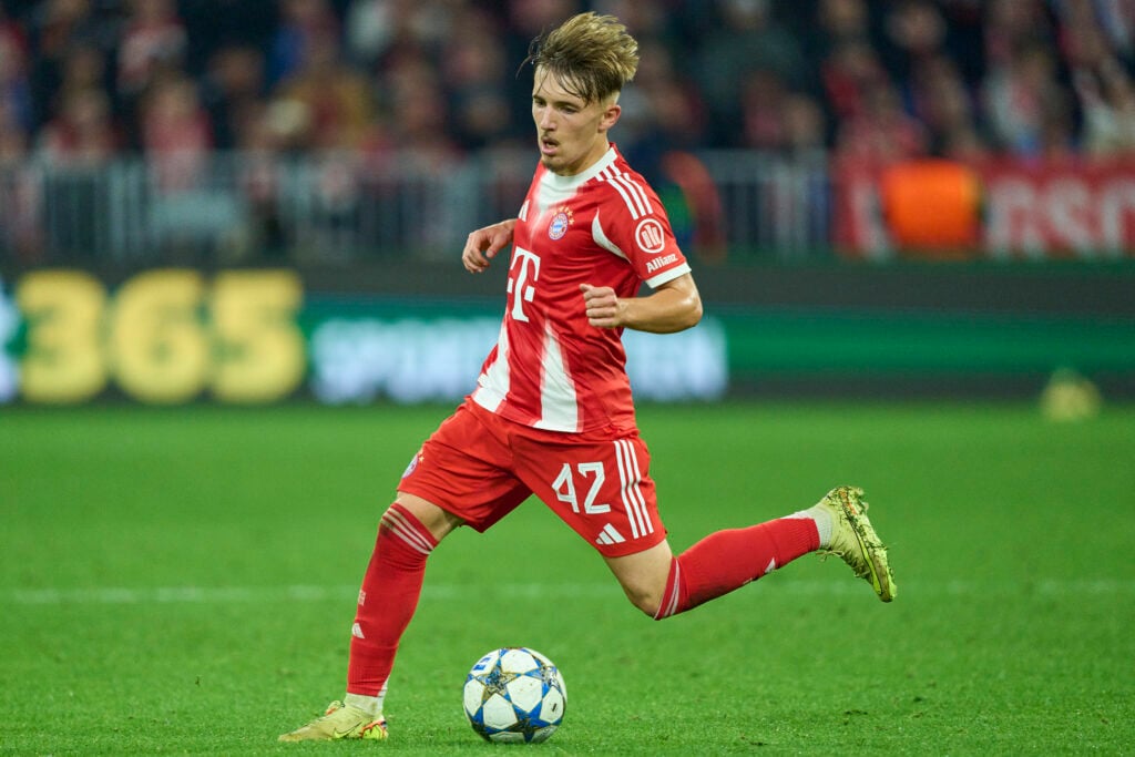 Lennart Karl playing for Bayern Munich against Club Brugge in the Champions League.