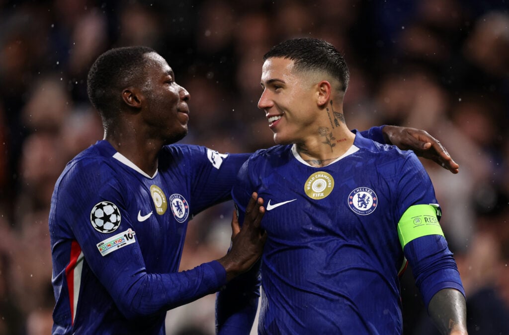 Enzo Fernandez celebrates with Moises Caicedo during Chelsea's win against Ajax in the Champions League.