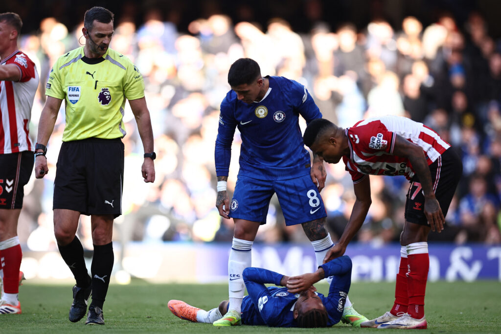 Joao Pedro lies injured on the floor during Chelsea against Sunderland in the Premier League.