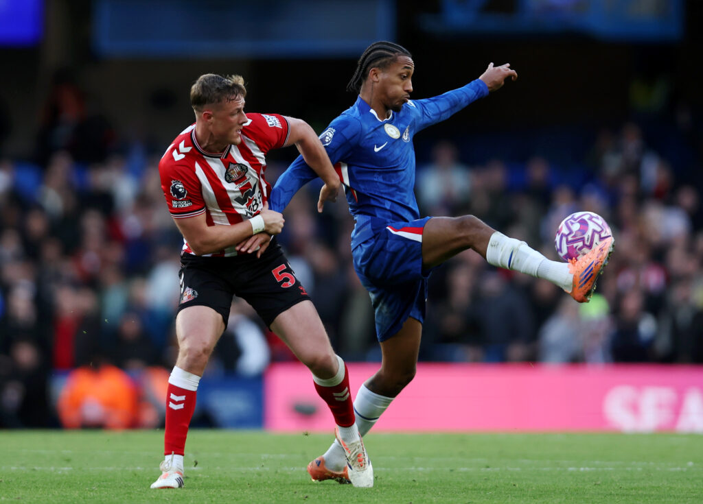 Chelsea attacker Joao Pedro competing against Sunderland in the Premier League.