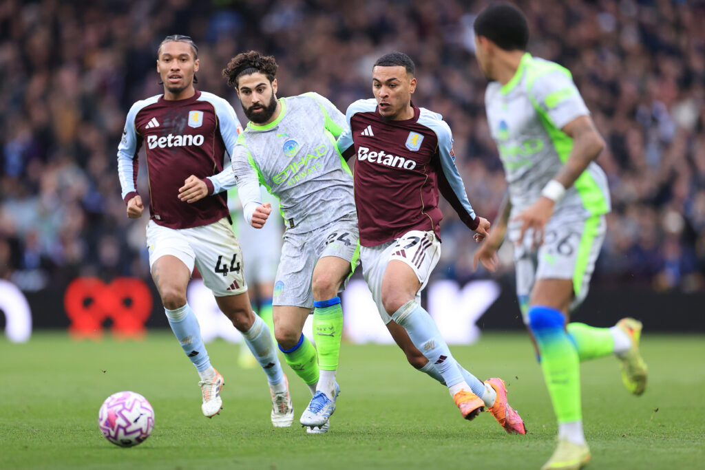 Josko Gvardiol of Manchester City battles with Morgan Rogers of Aston Villa