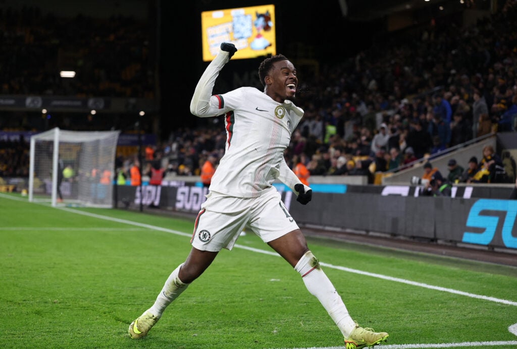 Jamie Gittens celebrates scoring for Chelsea against Wolverhampton Wanderers in the Carabao Cup.