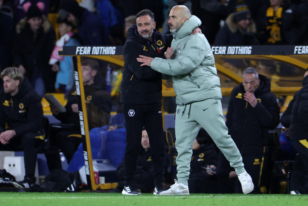 Wolverhampton Wanderers manager Vitor Pereira congratulates Chelsea manager Enzo Maresca after the Carabao Cup tie.