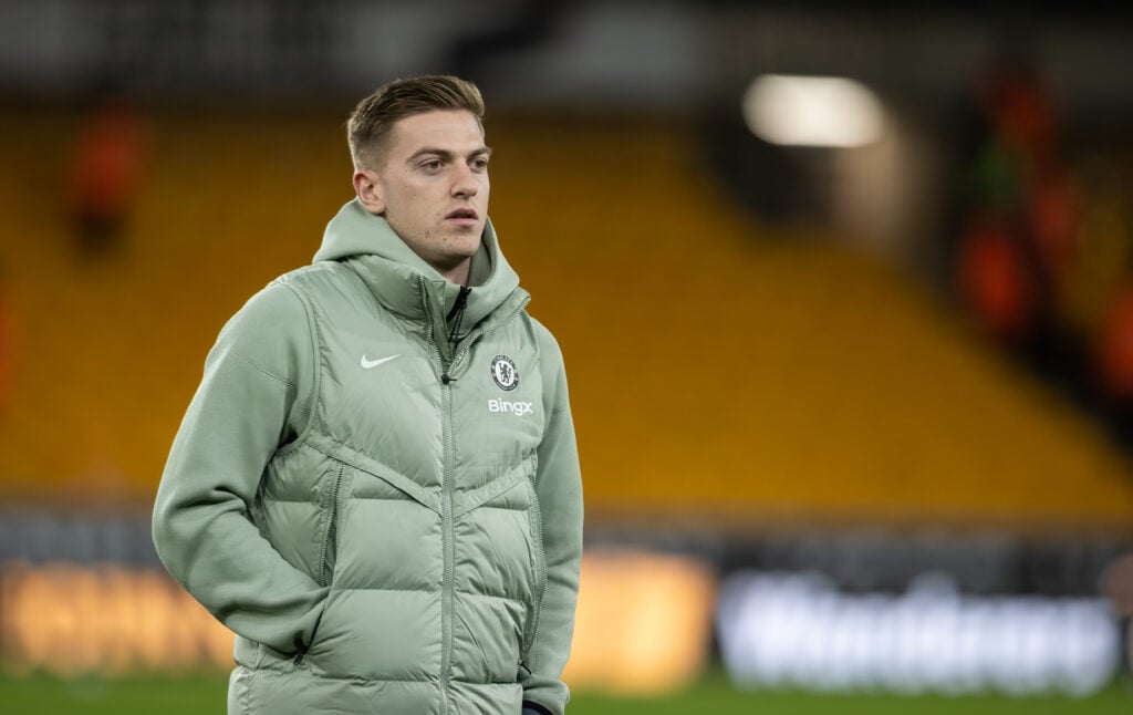 Chelsea striker Liam Delap inspecting the pitch before facing Wolverhampton Wanderers in the Carabao Cup.