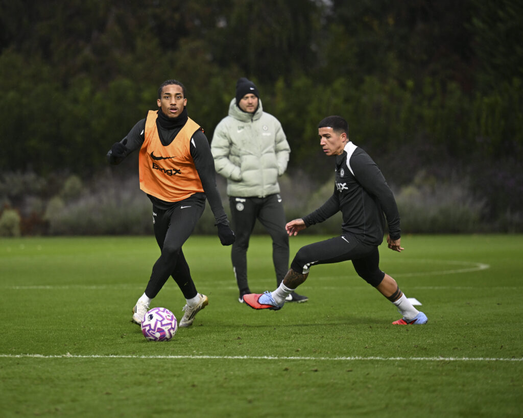 Chelsea stars Joao Pedro and Enzo Fernandez during a training session at Cobham.