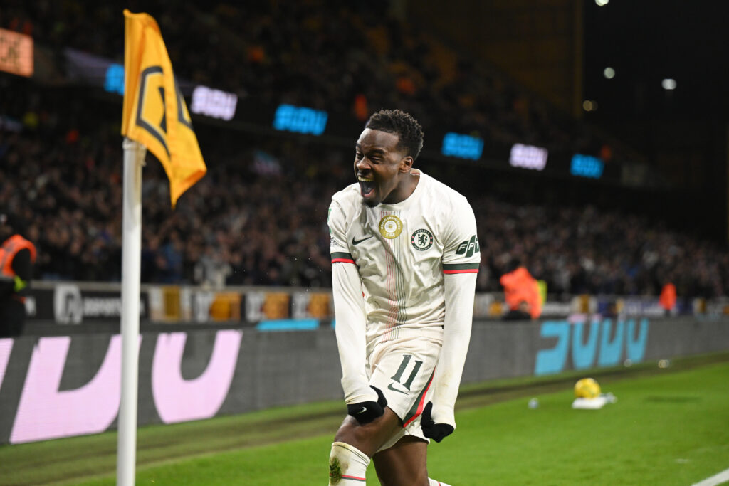 Jamie Gittens celebrates scoring for Chelsea against Wolverhampton Wanderers in the Carabao Cup.