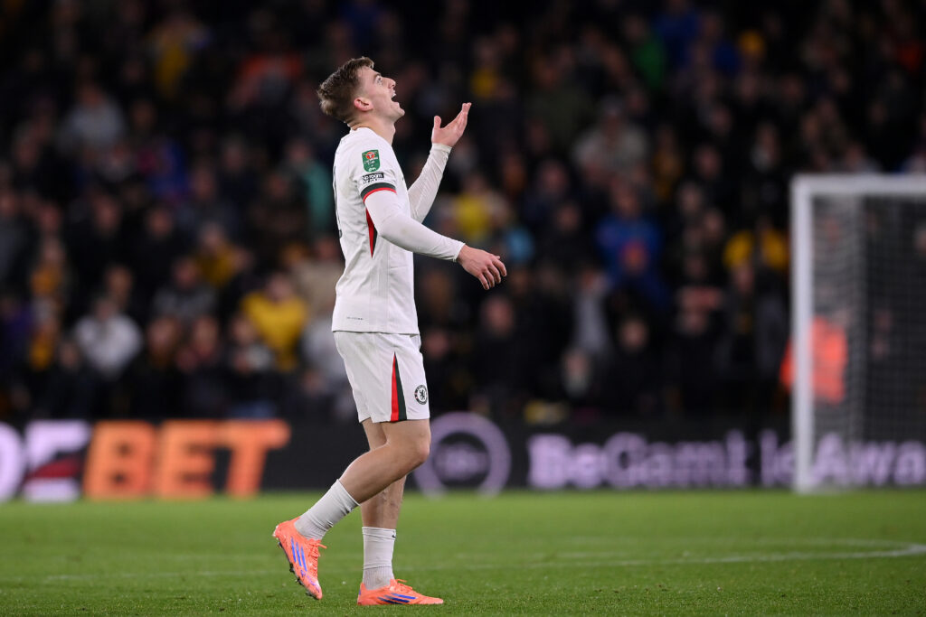Liam Delap reacts after being sent off for Chelsea against Wolverhampton Wanderers in the Carabao Cup.
