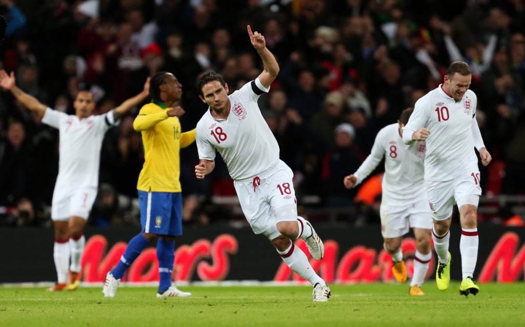 England midfielder Frank Lampard celebrating his goal against Brazil