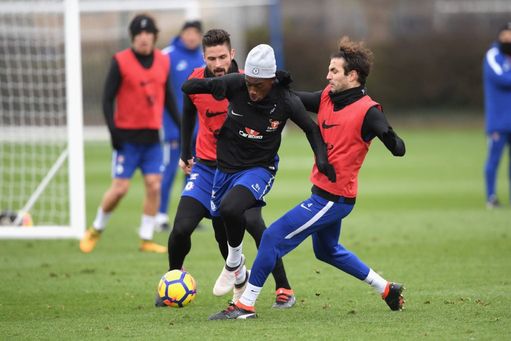 Cesc Fabregas, Callum Hudson-Odoi and Olivier Giroud during a Chelsea training session.