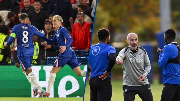 Split image - Chelsea winger Alejandro Garnacho celebrating Benfica's own goal and Chelsea manager Enzo Maresca during training session