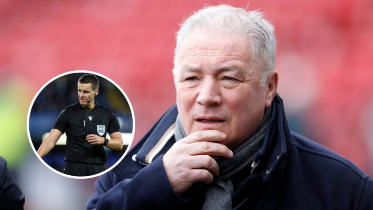 Pundit and former player Ally McCoist looking confused with overlay of referee from Chelsea vs Benfica (left).