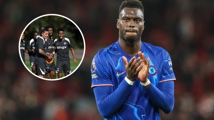 Benoit Badiashile claps after Chelsea against Liverpool in the Premier League. Inset, Estevao Willian in training with Chelsea teammates.