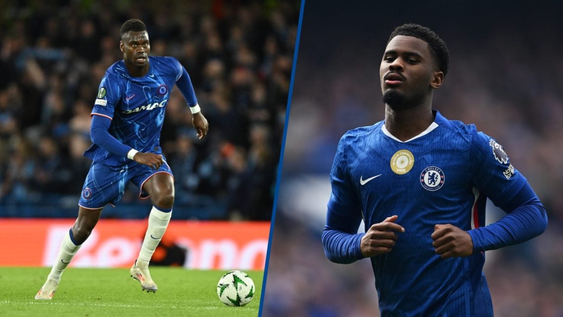 Split image - Benoit Badiashile playing for Chelsea against Djurgarden and Jorrel Hato playing for Chelsea against Brighton in the Premier League
