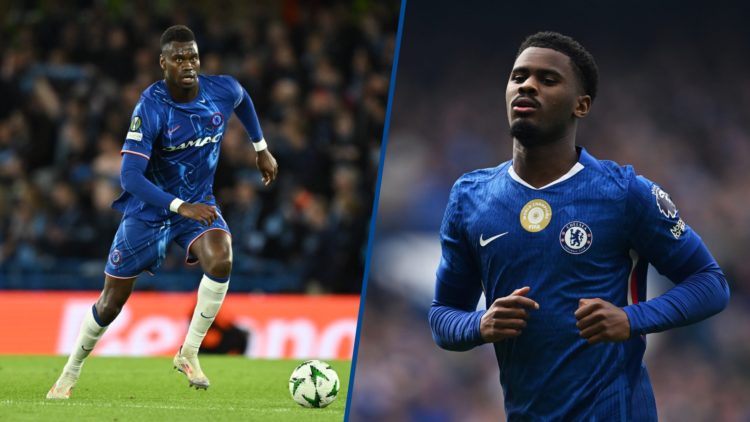 Split image - Benoit Badiashile playing for Chelsea against Djurgarden and Jorrel Hato playing for Chelsea against Brighton in the Premier League