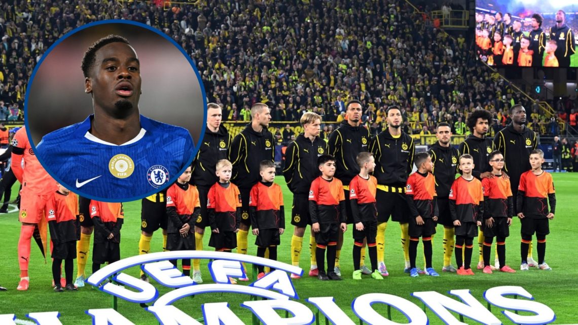 Borussia Dortmund players before Champions League tie against Barcelona, inset Jamie Gittens looks on during Brentford v Chelsea