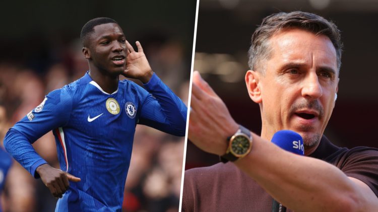 Moises Caicedo celebrates during Chelsea v Liverpool - Premier League. Gary Neville provides punditry during Manchester United v Arsenal - Premier ...