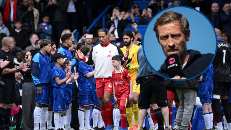 Chelsea players give Liverpool guard of honour, inset former Liverpool striker Peter Crouch holding TNT Sports microphone