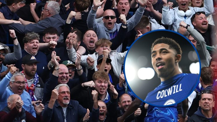 Chelsea fans celebrating penalty being won vs Liverpool, inset Chelsea defender Wesley Fofana wearing Levi Colwill's shirt
