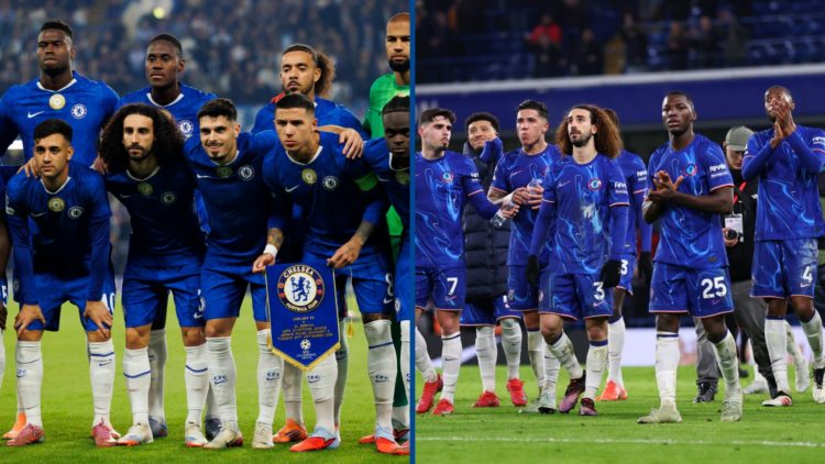 Split image - Chelsea players take team photo before Benfica match and Chelsea players celebrate victory