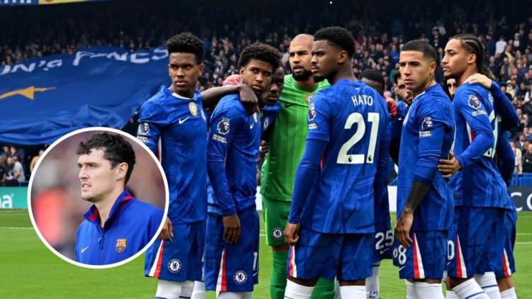Chelsea players in a huddle before facing Brighton in the Premier League. Andreas Christensen playing for Barcelona against Real Sociedad in La Liga.