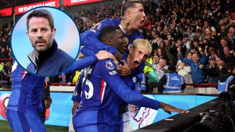 Chelsea players celebrate goal against Brentford, inset Jamie Redknapp looks on prior to Manchester City FC v AFC Bournemouth