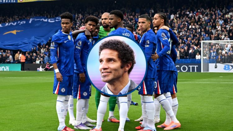Chelsea players before Brighton game, inset former goalkeeper David James smiling