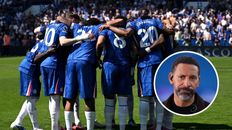 Chelsea's players in a huddle before the Premier League match against Crystal Palace. Inset, Rio Ferdinand working as a pundit for Manchester City ...