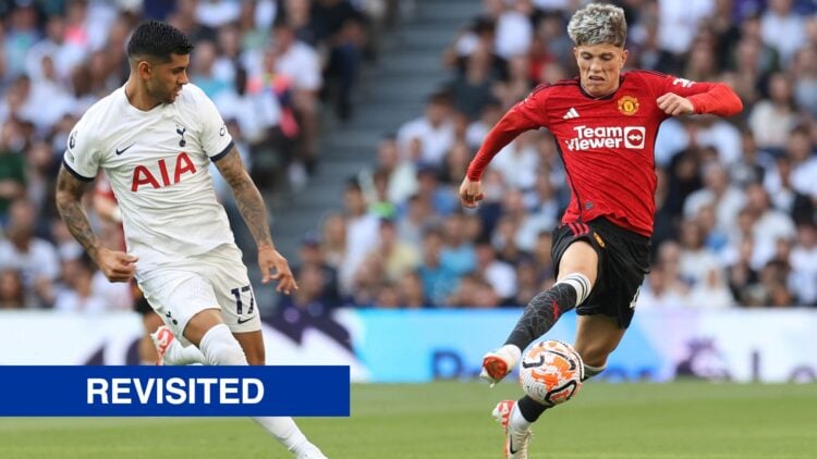 Tottenham's Cristian Romero against Manchester United's Alejandro Garnacho in the Premier League.