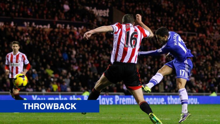Eden Hazard shooting and scoring for Chelsea agains Sunderland in the Premier League.