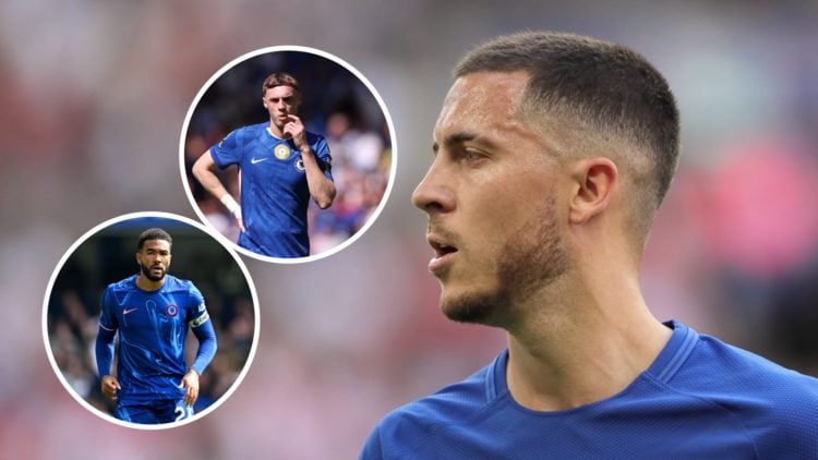 Eden Hazard during the FA Cup final between Chelsea and Manchester United. Inset, Cole Palmer of Chelsea during the Premier League match between Ch...