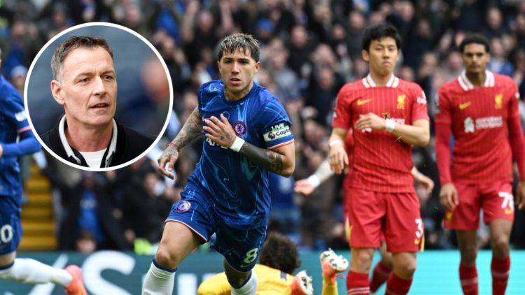 Enzo Fernandez celebrates scoring for Chelsea against Liverpool in the Premier League. Inset, Chris Sutton working as a pundit for the Scottish Cup...