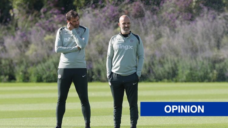 Chelsea manager Enzo Maresca watches on during a training session at Cobham