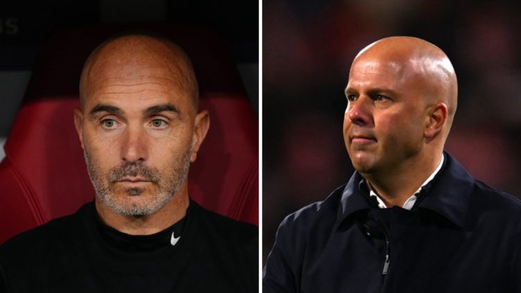 Picture one Enzo Maresca looks on during Chelsea against Bayern Munich in the Champions League. Picture two Arne Slot after the Champions League ma...